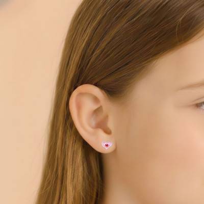 Boucles d'Oreilles Coeur Rose en Argent 925 & Email - Bambins