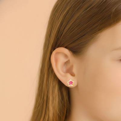 375/1000 Yellow Gold & Enamel Pink Star Stud Earrings - Bambins