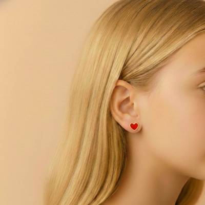 Red Enamel & 375/1000 Yellow Gold Heart Stud Earrings - Bambins