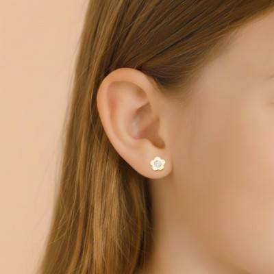 375/1000 Yellow Gold & Cubic Zirconia Flower Stud Earrings - Bambins