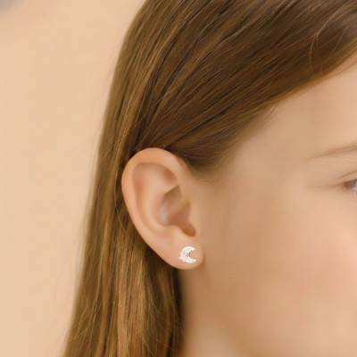 375/1000 Yellow Gold & White Stones Moon Stud Earrings - Bambins