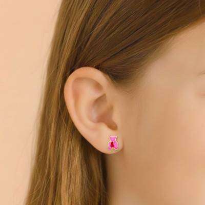375/1000 Yellow Gold & Enamel Pink Teddy Bear Stud Earrings - Bambins