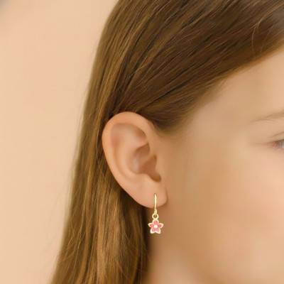 Boucles d'Oreilles Dormeuses Fleurs Roses en Or Jaune 750 - Bambins