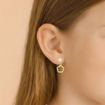 Boucles d'Oreilles Pendantes Fleurs en Or Jaune 375 & Oxyde de Zirconium - Bambins