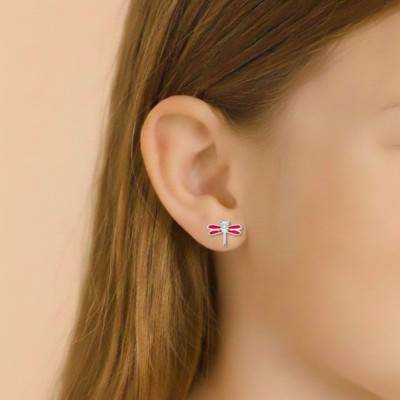 Boucles d'Oreilles Libellules en Argent 925 & Oxyde de Zirconium et Email Rose - Bambins