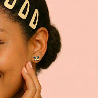 Boucles d'Oreilles Papillon Bleu en Or Jaune & Email - Bambins