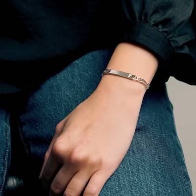 925 Silver Double Alternating Oval Link Chain ID Bracelet, 18 cm - Manillon
