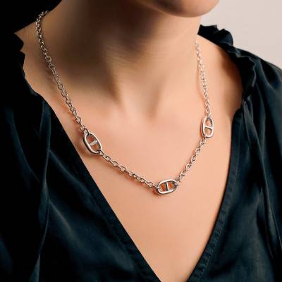 925 Silver Mariner and Cable Chain Necklace, Length 45 cm - Manillon
