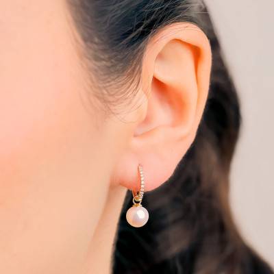 375 Yellow Gold, Cubic Zirconia & Freshwater Pearl Hoop Earrings - Emanessence