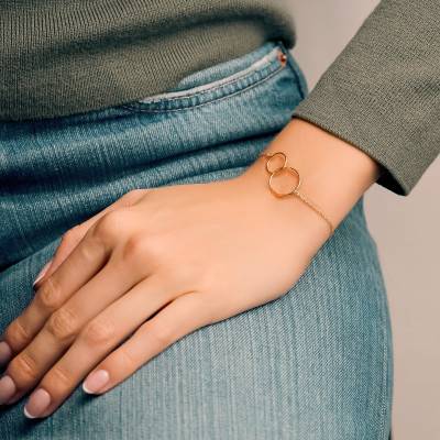 375/1000 Yellow Gold Interlocking Double Ring Bracelet, 18 cm Length - Emanessence