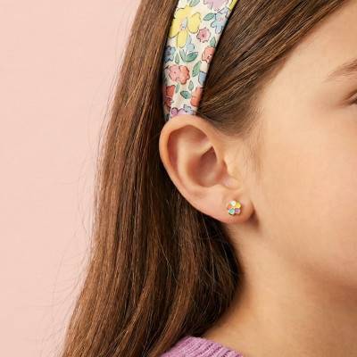 750/1000 Yellow Gold & Enamel Flower Stud Earrings - Bambins