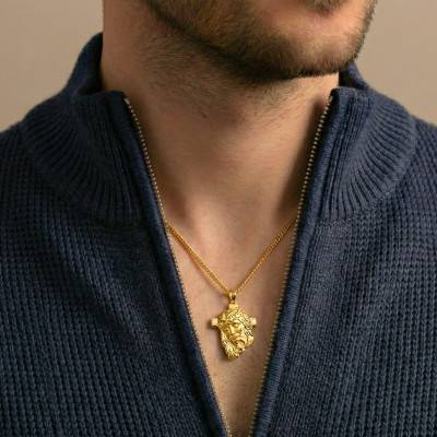 375 Yellow Gold Cross and Portrait of Christ Pendant, 31x21mm - Lumiosa