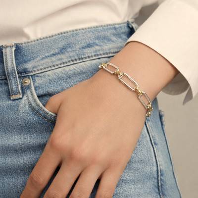 Bracelet Maille Ovale Alternée en Argent Bicolore, Longueur 19 cm - Manillon