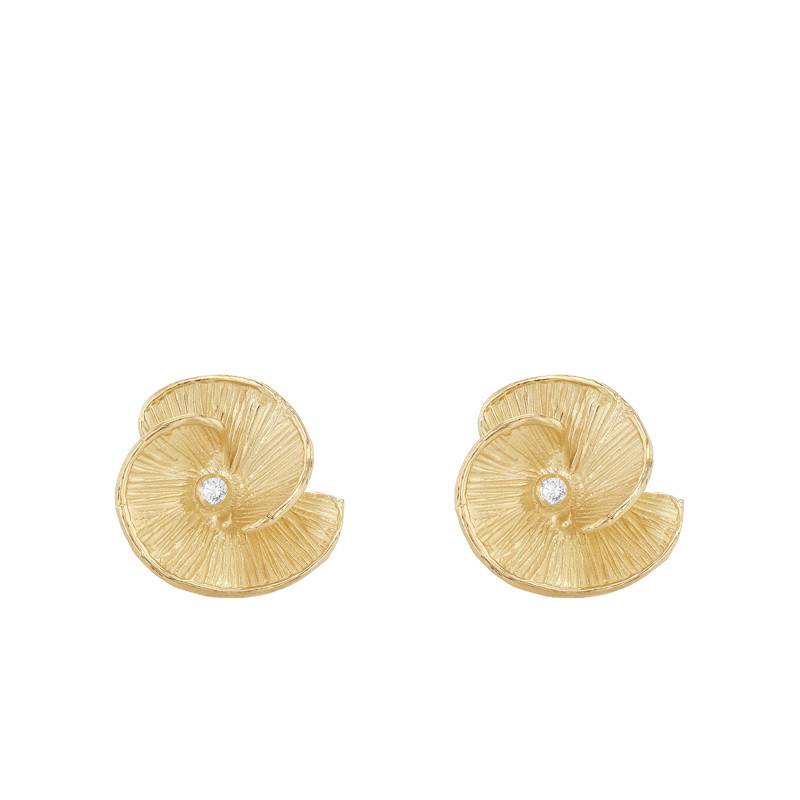 375 Yellow Gold & Diamond Striped Flower Stud Earrings - Emanessence