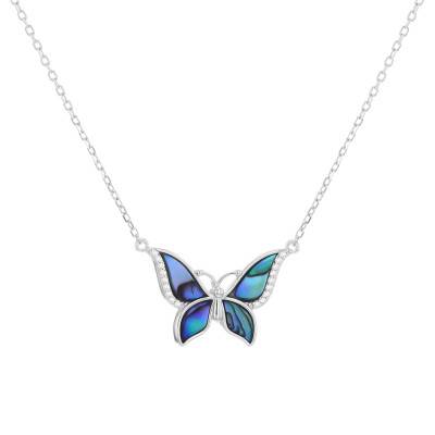 Blue Mother-of-Pearl & Stone Butterfly Necklace, Rhodium-Plated 925 Silver, Length 41 to 43 cm - Emanessence