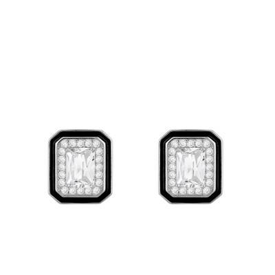 Black Enamel & Rhodium-Plated 925 Silver Rectangular Stud Earrings with Cubic Zirconia Halo - Emanessence