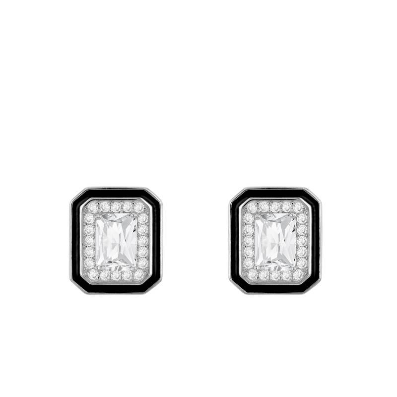 Black Enamel & Rhodium-Plated 925 Silver Rectangular Stud Earrings with Cubic Zirconia Halo - Emanessence