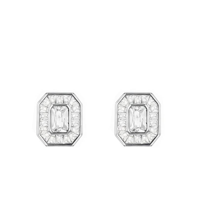 Rhodium-Plated 925 Silver & Cubic Zirconia Halo Rectangular Stud Earrings - Emanessence