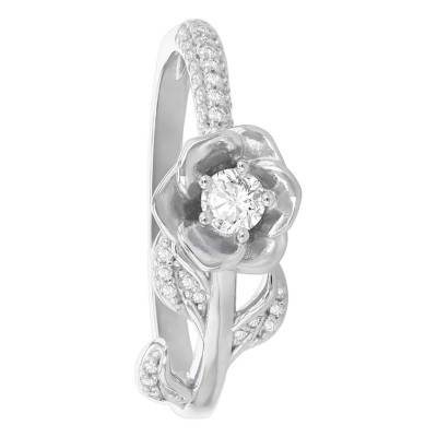 925 Rhodium-Plated Sterling Silver & Cubic Zirconia Flower and Leaves Ring - Emanessence