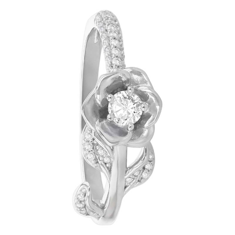 925 Rhodium-Plated Sterling Silver & Cubic Zirconia Flower and Leaves Ring - Emanessence