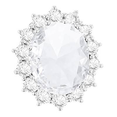 Rhodium-Plated 925 Silver Oval Glass & Zirconia Halo Pendant - Emanessence