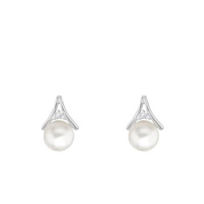 Freshwater Pearl & Zirconia Earrings, 925 Rhodium-Plated Silver - Emanessence