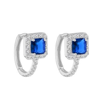 925 Rhodium-Plated Silver, Cushion-Cut Blue Glass & Zirconia Earrings - Emanessence