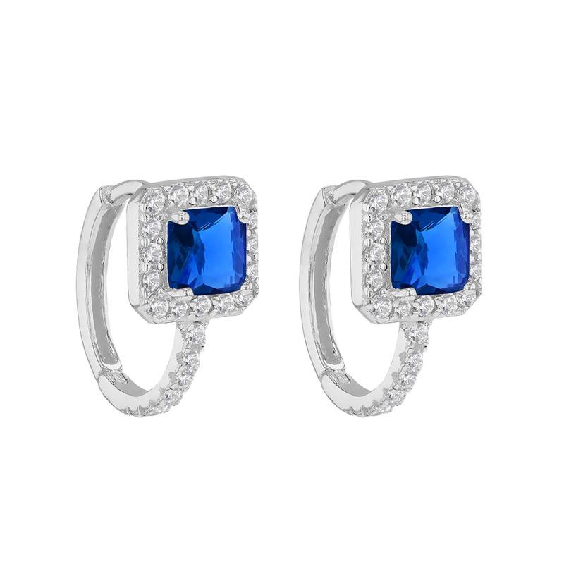 Boucles d'Oreilles en Argent 925 Rhodié, Verres Bleus Taille Coussin & Oxydes de Zirconium - Emanessence