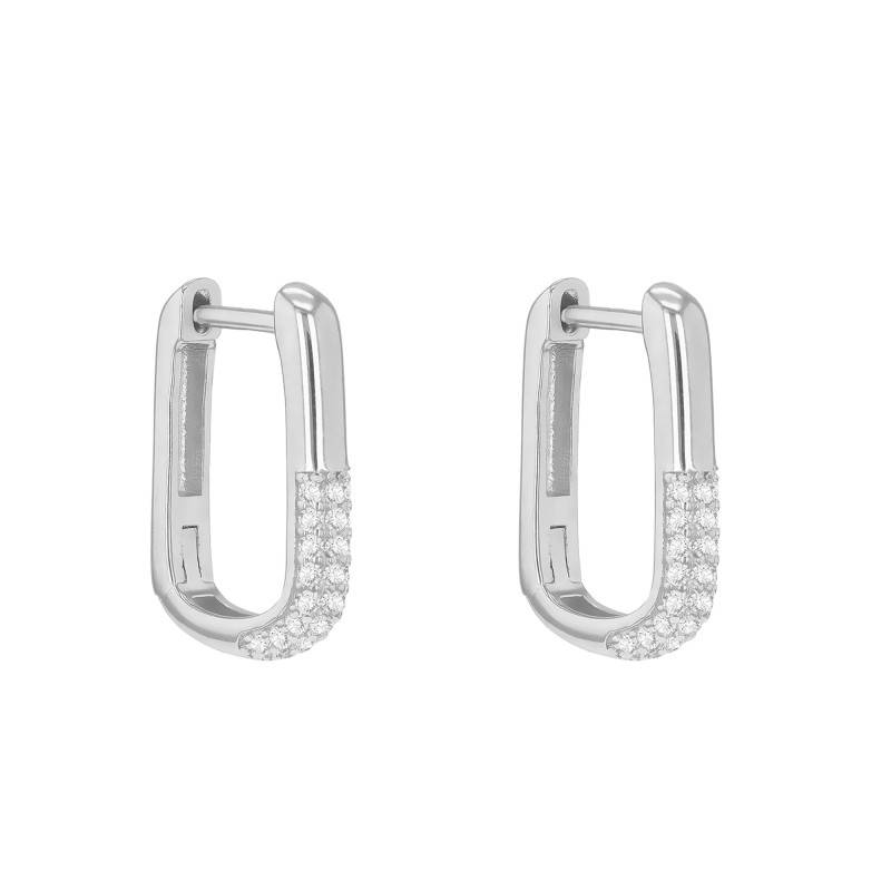 925 Silver Rectangular Hoop Earrings, Half-Pavé Cubic Zirconia - Emanessence