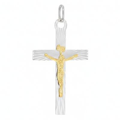 Pendentif Crucifix Strié en Argent 925 Bicolore, 21x37mm - Vandona