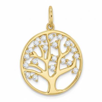 375 Yellow Gold & White Cubic Zirconia Tree of Life Pendant, Diameter 16 mm - Emanessence