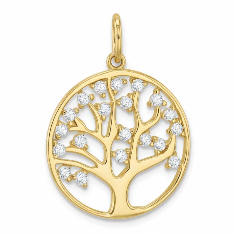 375 Yellow Gold & White Cubic Zirconia Tree of Life Pendant, Diameter 16 mm - Emanessence