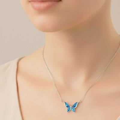 Blue Mother-of-Pearl & Stone Butterfly Necklace, Rhodium-Plated 925 Silver, Length 41 to 43 cm - Emanessence