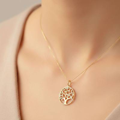 375 Yellow Gold & White Cubic Zirconia Tree of Life Pendant, Diameter 16 mm - Emanessence