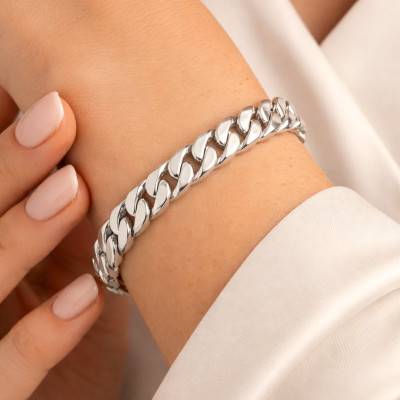 Flat Silver Curb Chain Bracelet, Length 20 cm - Manillon