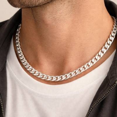 Chaîne Maille Gourmette Texturée & Diamantée en Argent 925, Longueur 50 cm - Manillon