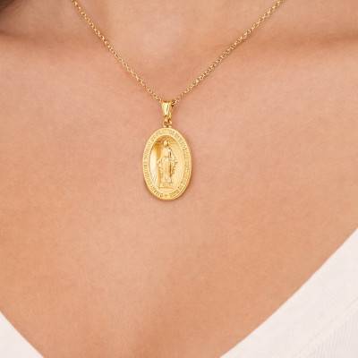 375 Yellow Gold Miraculous Virgin Medal, 18x33mm - Vandona