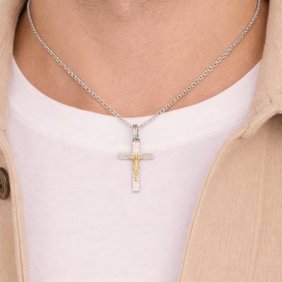 Pendentif Crucifix Strié en Argent 925 Bicolore, 21x37mm - Vandona