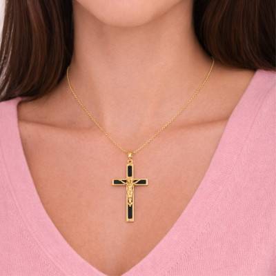 375 Yellow Gold & Onyx Crucifix Cross Pendant - Vandona