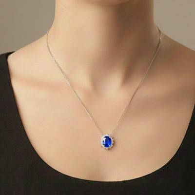 Pendentif Ovale Verre Bleu & Entourage Oxydes de Zirconium en Argent 925 Rhodié - Emanessence