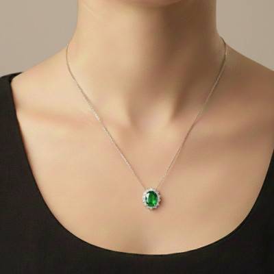 Oval Pendant, Zirconia Halo in 925 Rhodium-Plated Silver - Emanessence