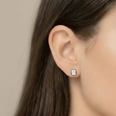 Black Enamel & Rhodium-Plated 925 Silver Rectangular Stud Earrings with Cubic Zirconia Halo - Emanessence