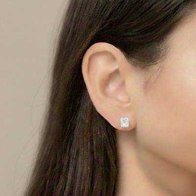 Rhodium-Plated 925 Silver & Cubic Zirconia Halo Rectangular Stud Earrings - Emanessence