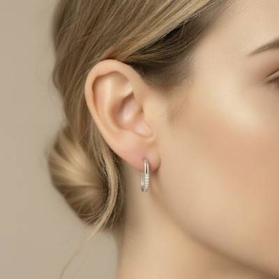925 Silver Rectangular Hoop Earrings, Half-Pavé Cubic Zirconia - Emanessence
