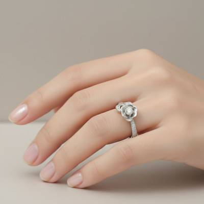 925 Rhodium-Plated Sterling Silver & Cubic Zirconia Flower and Leaves Ring - Emanessence