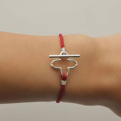 925 Sterling Silver & Silk Cord Clover Bracelet, Length 18 cm - Artemis