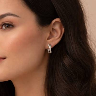 Crossed Hoop Earrings in Rhodium-Plated 925 Silver & Cubic Zirconia - Emanessence