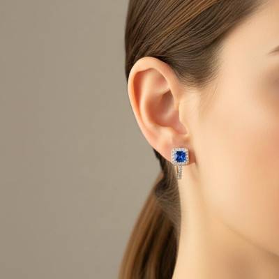 Boucles d'Oreilles en Argent 925 Rhodié, Verres Bleus Taille Coussin & Oxydes de Zirconium - Emanessence