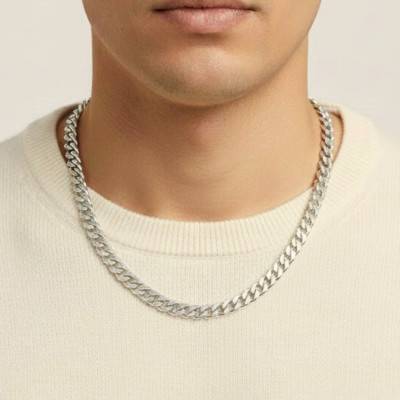 Chaîne Maille Gourmette Texturée et Diamantée en Argent 925, Longueur 50 cm - Manillon