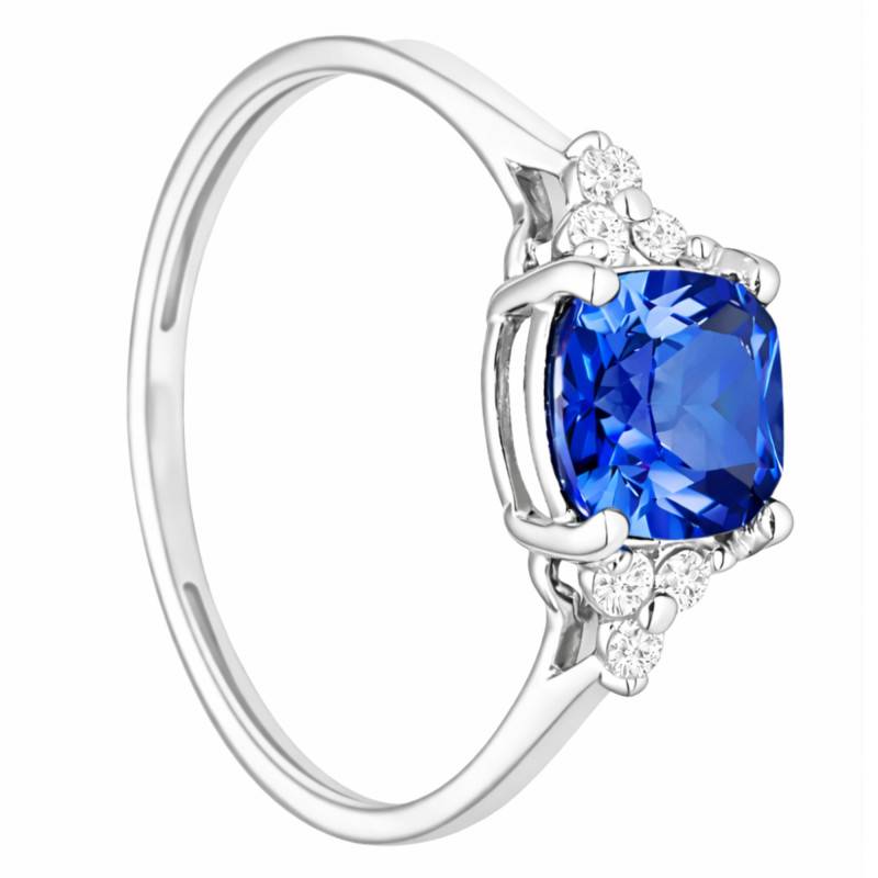 Bague Coussin Saphir & Diamants de Synthèse 0,10 cts en Or Blanc 375 - Aurora